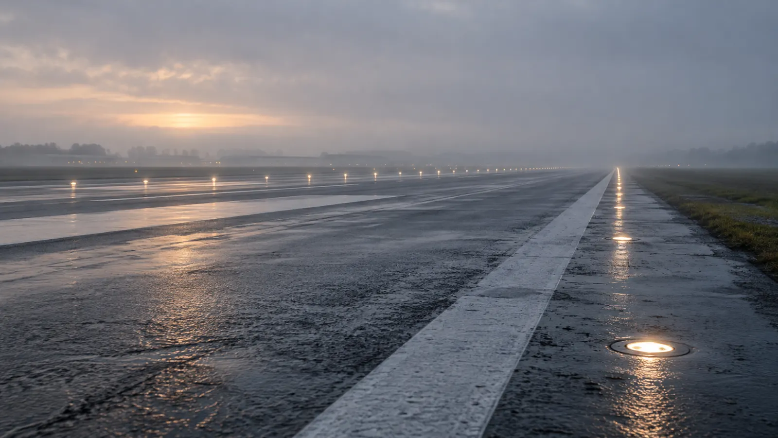 Illustrative wet runway with lights receding into morning mist.