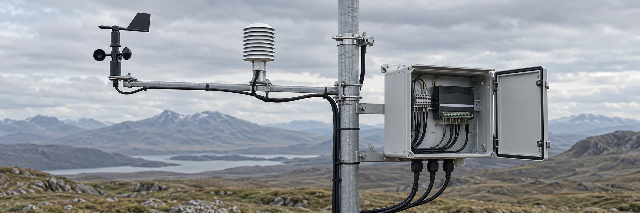 Conceptual professional weather station showing exposed sensors, routed cabling and an open data-logger enclosure
