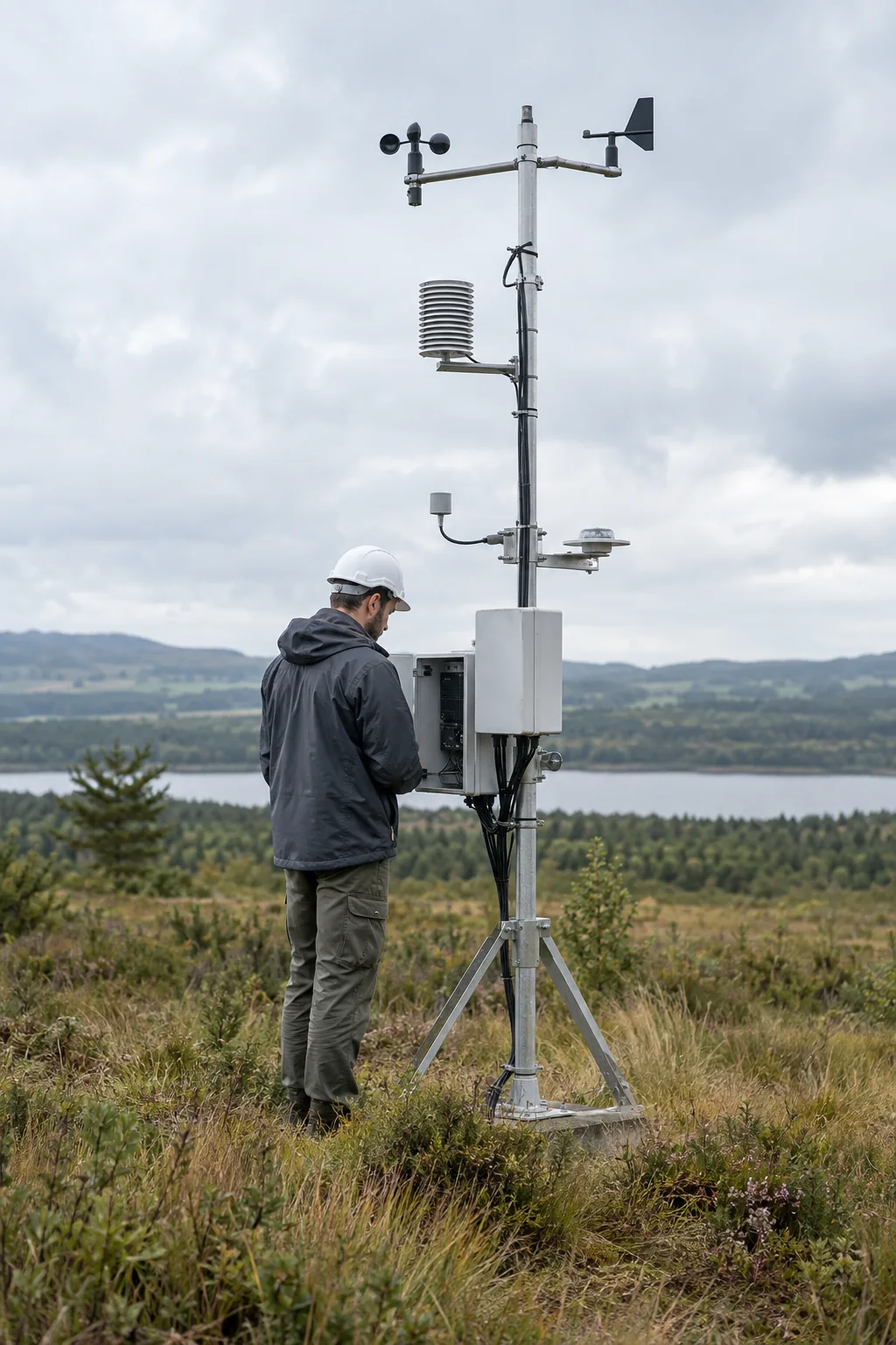 Engineer inspecting an environmental monitoring station in open terrain.