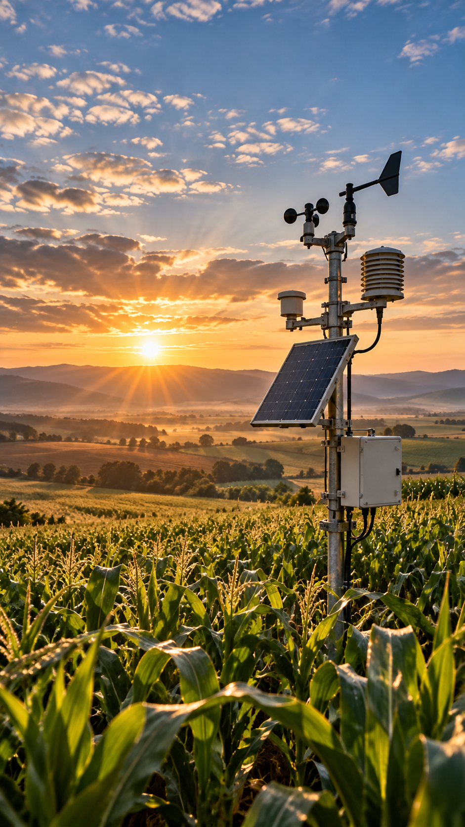 Environmental monitoring station observing conditions across agricultural fields.