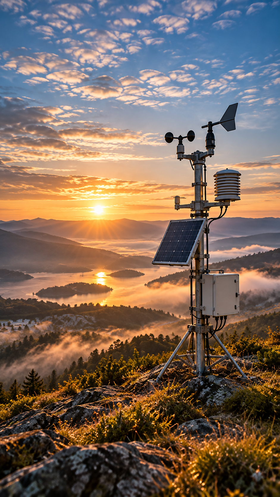 Automatic weather station observing atmospheric conditions from exposed high terrain.