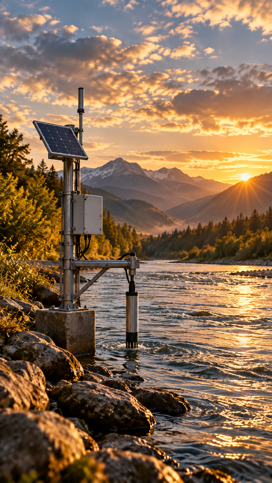 Hydrological monitoring instrument positioned at the edge of a flowing river.