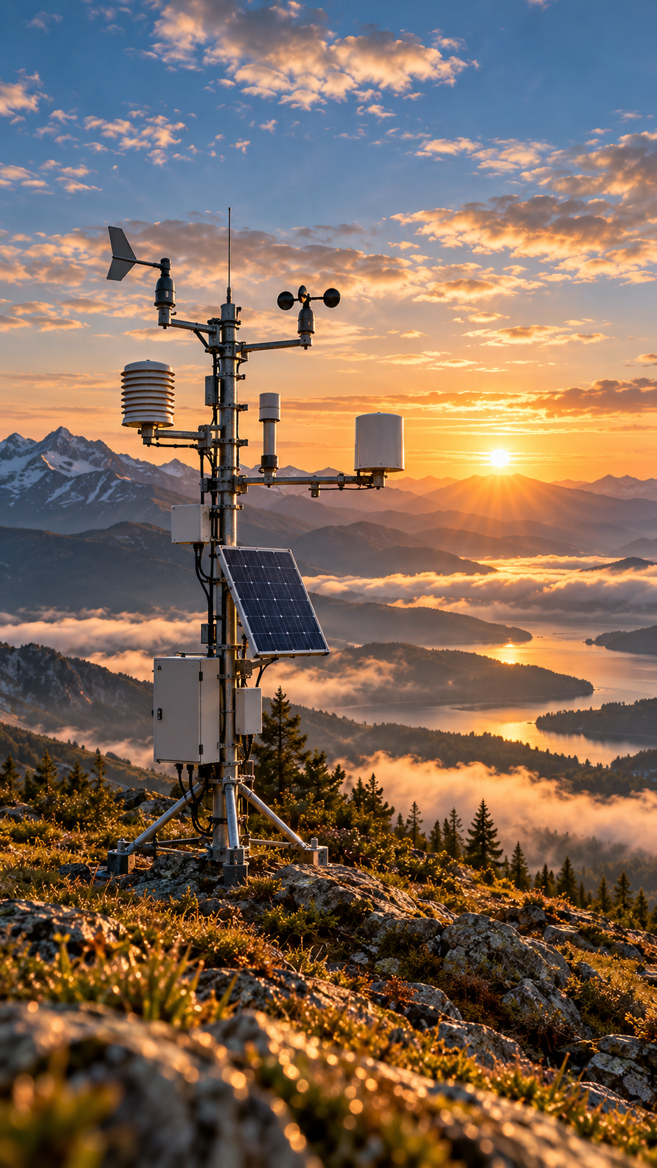 Environmental monitoring station positioned above a mountainous atmospheric landscape.