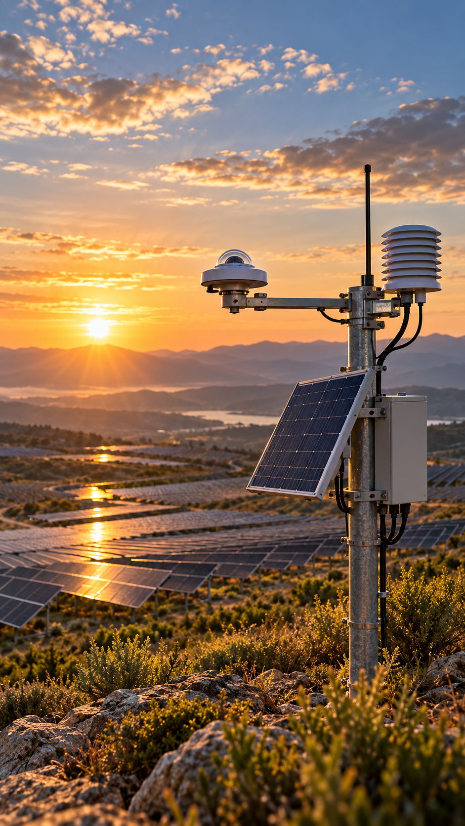Solar monitoring instruments overlooking a photovoltaic site at sunset.