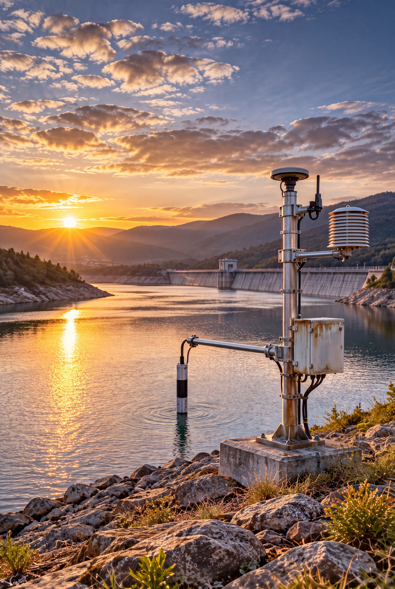 Water monitoring instruments beside a managed reservoir and dam.
