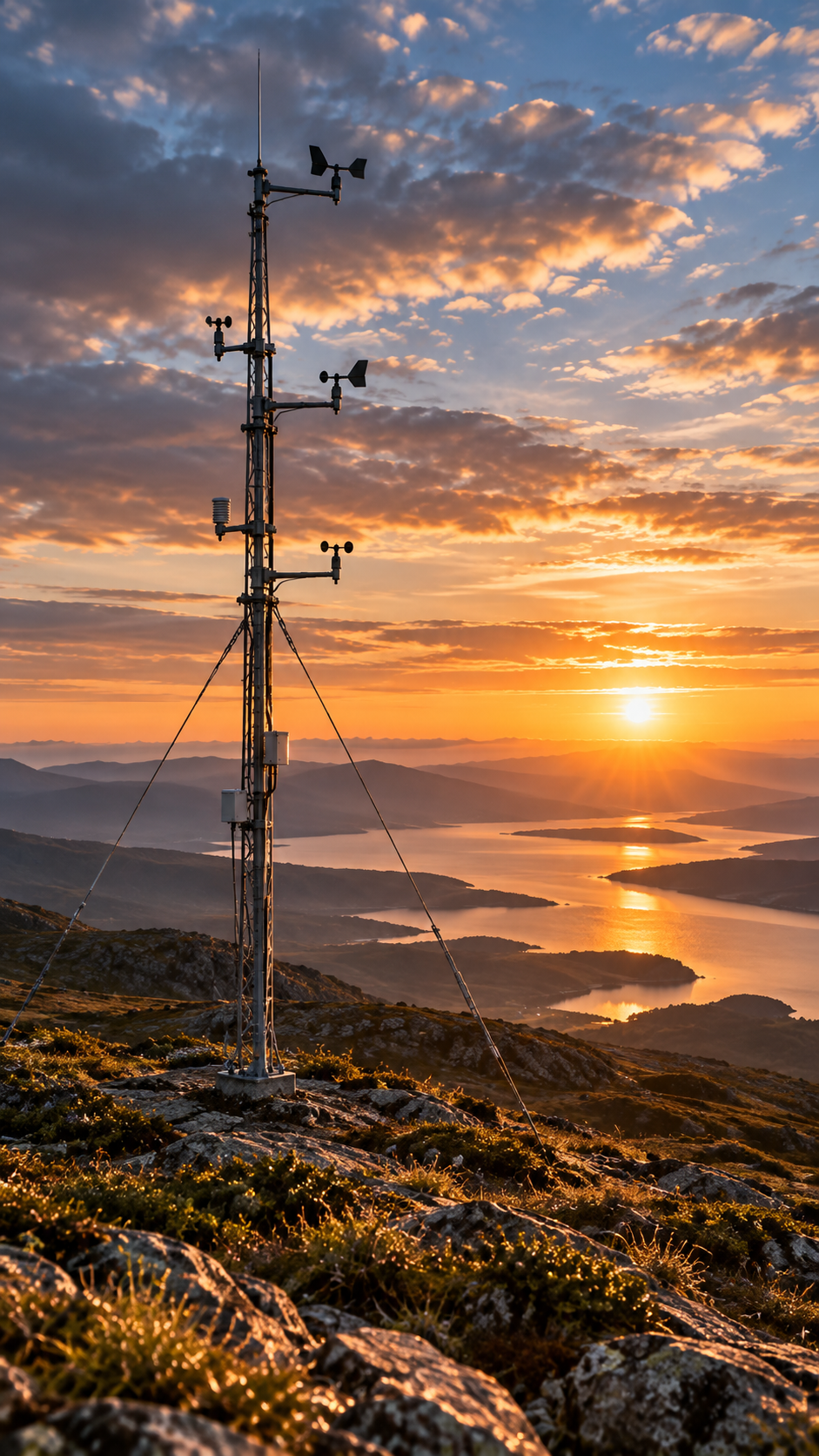 Tall wind monitoring mast on exposed mountain terrain.